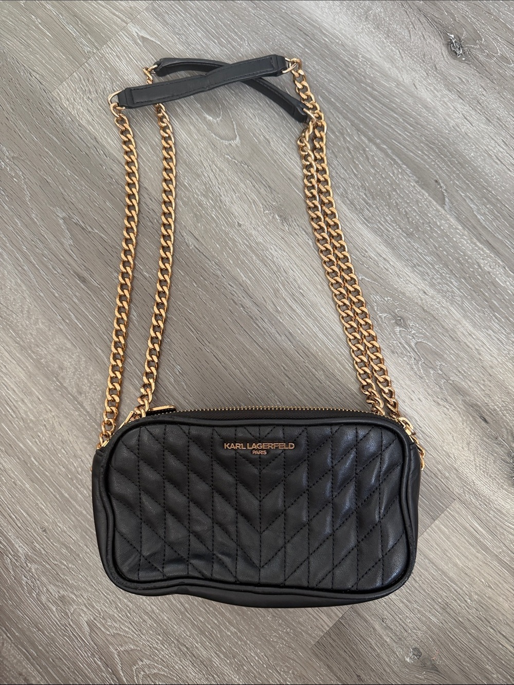 Karl Lagerfeld Black Quilted Crossbody with Double Gold Chain Strap
